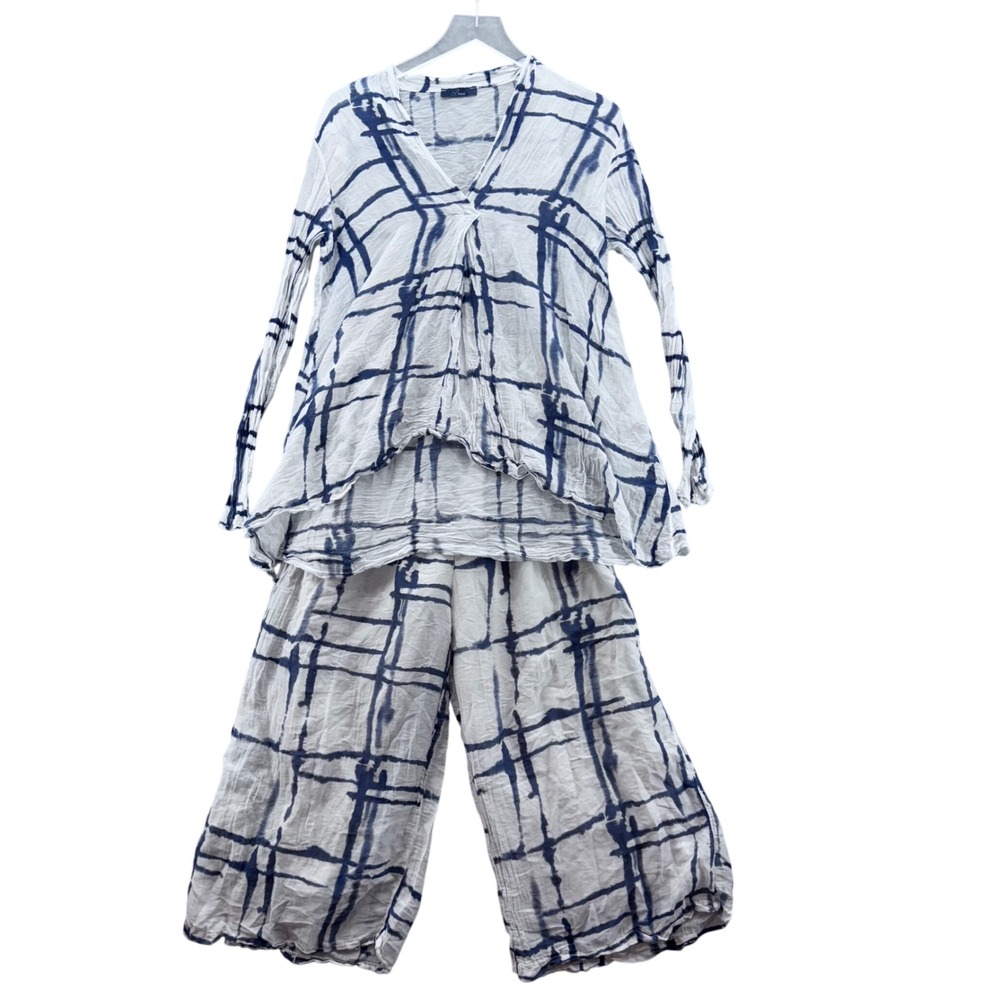 Baci Women Tie Dye Cotton‎ Silk Set Wide Leg Pant Size L Navy White Coastal Luxe